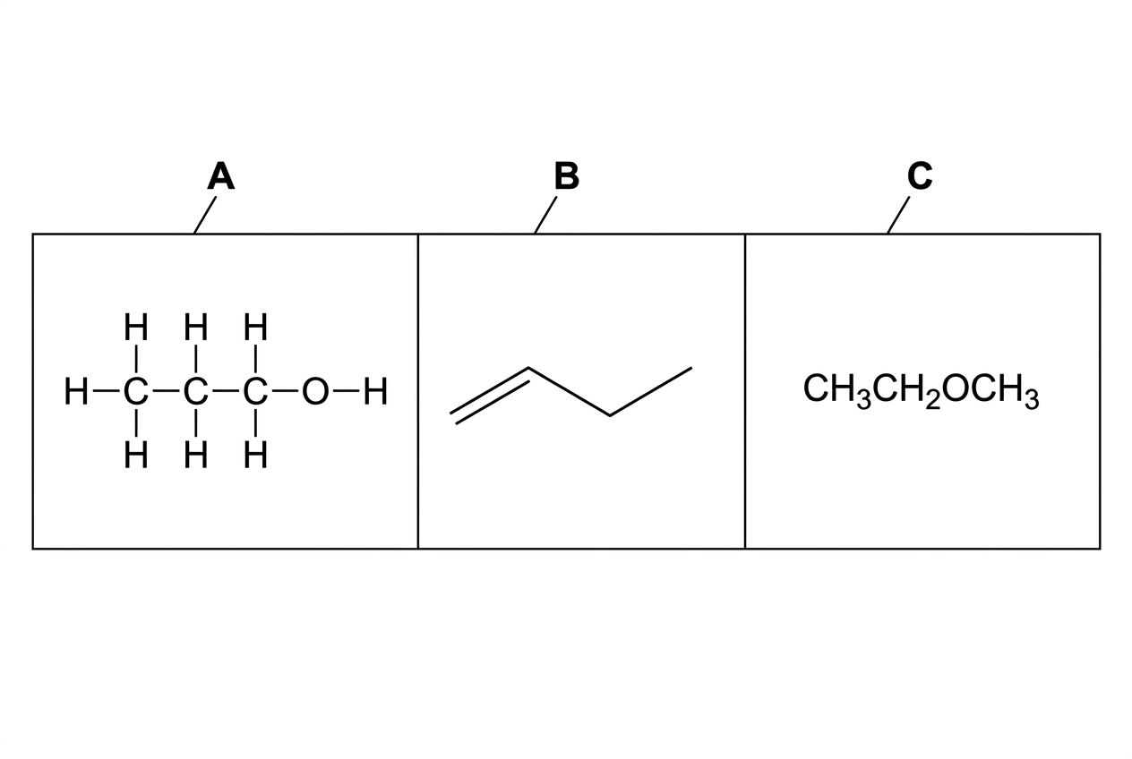 Annotated table of three organic structures: A as a full structural formula for propan-1-ol, B as a skeletal formula for a four-carbon alkene, and C as a condensed structural formula for methoxyethane. Labels A, B and C must be clearly linked to the structures.