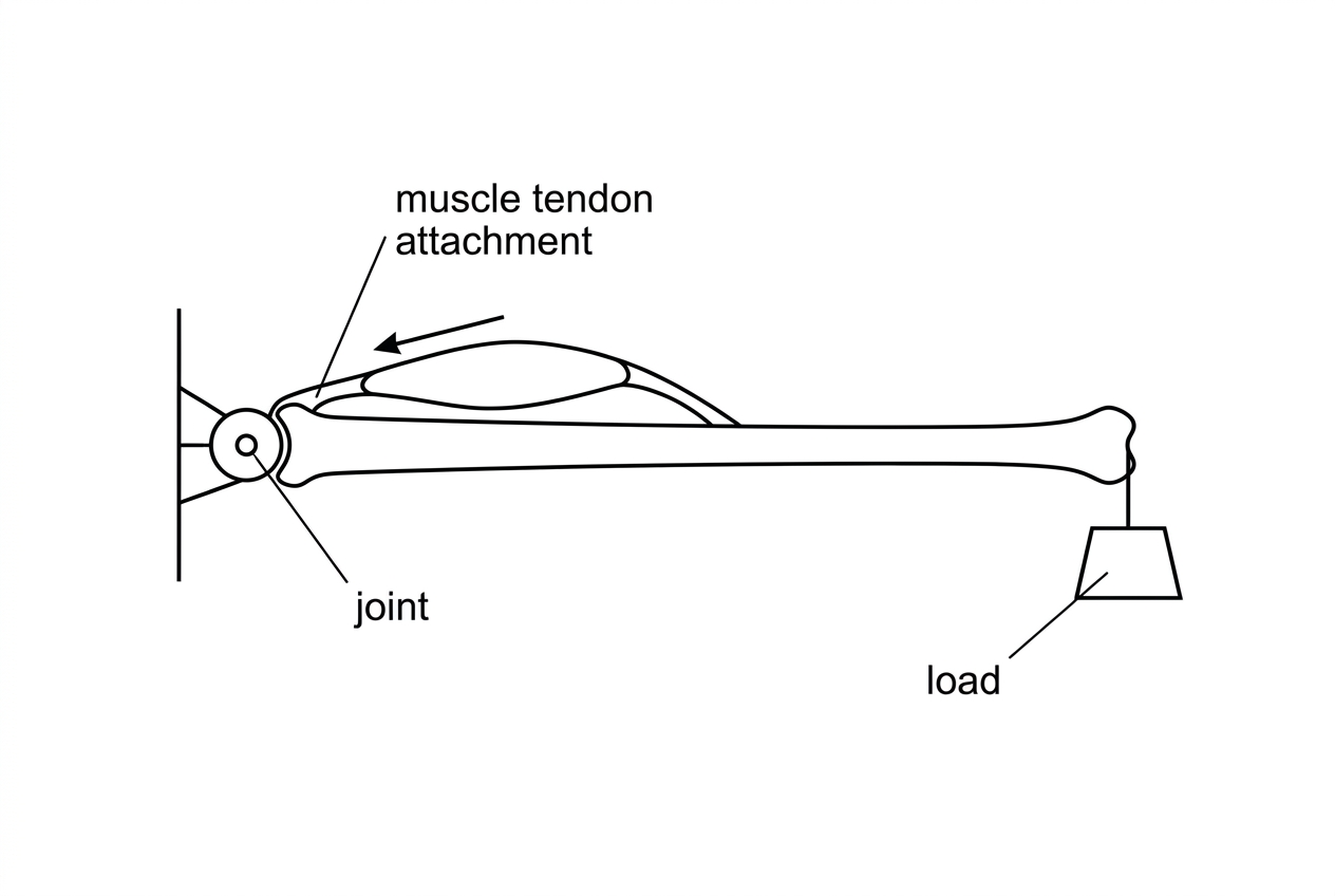 A simple lever diagram of a limb bone pivoting at a joint. The joint is shown at one end as the pivot, a muscle tendon attaches near the joint and pulls on the bone, and a load is shown at the distal end of the bone. Labels should identify joint, muscle tendon attachment and load, but should not label fulcrum or effort.