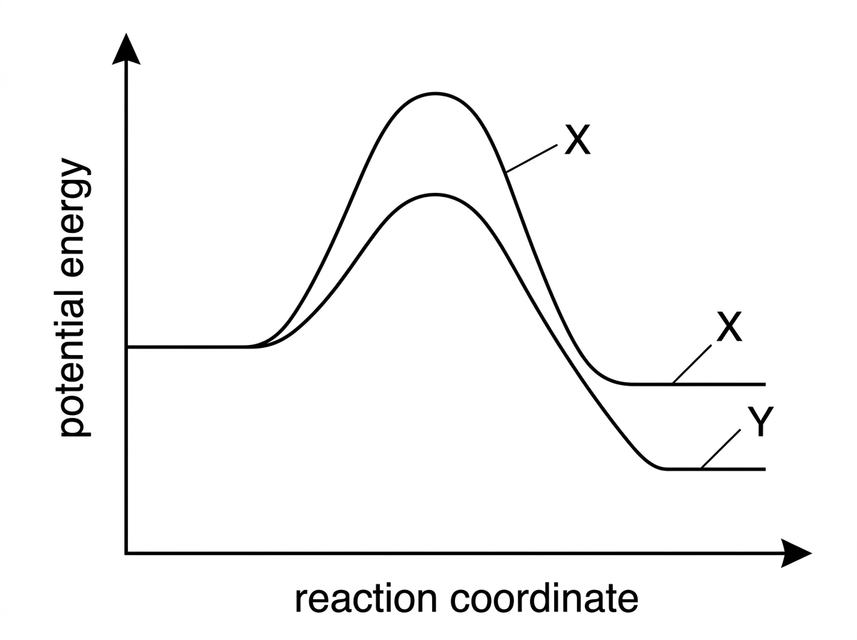 Two energy profile curves on the same axes with common reactant energy level; profile X and profile Y have different product energy levels and different peak heights; axes are labelled potential energy and reaction coordinate.