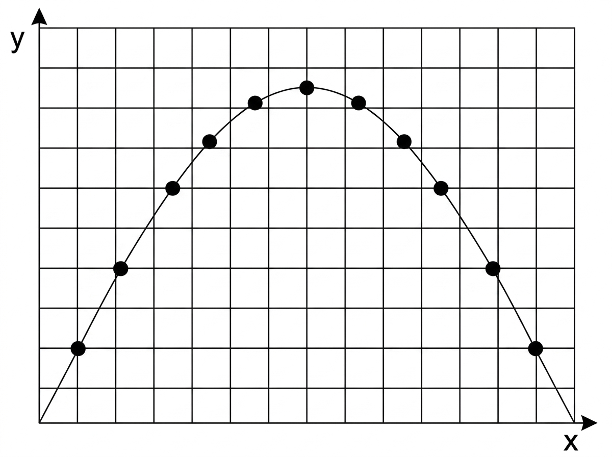 A stroboscopic diagram of a projectile following a parabolic path, with equal time intervals between positions. Horizontal spacing should be uniform while vertical spacing changes; axes or a reference grid should be included.