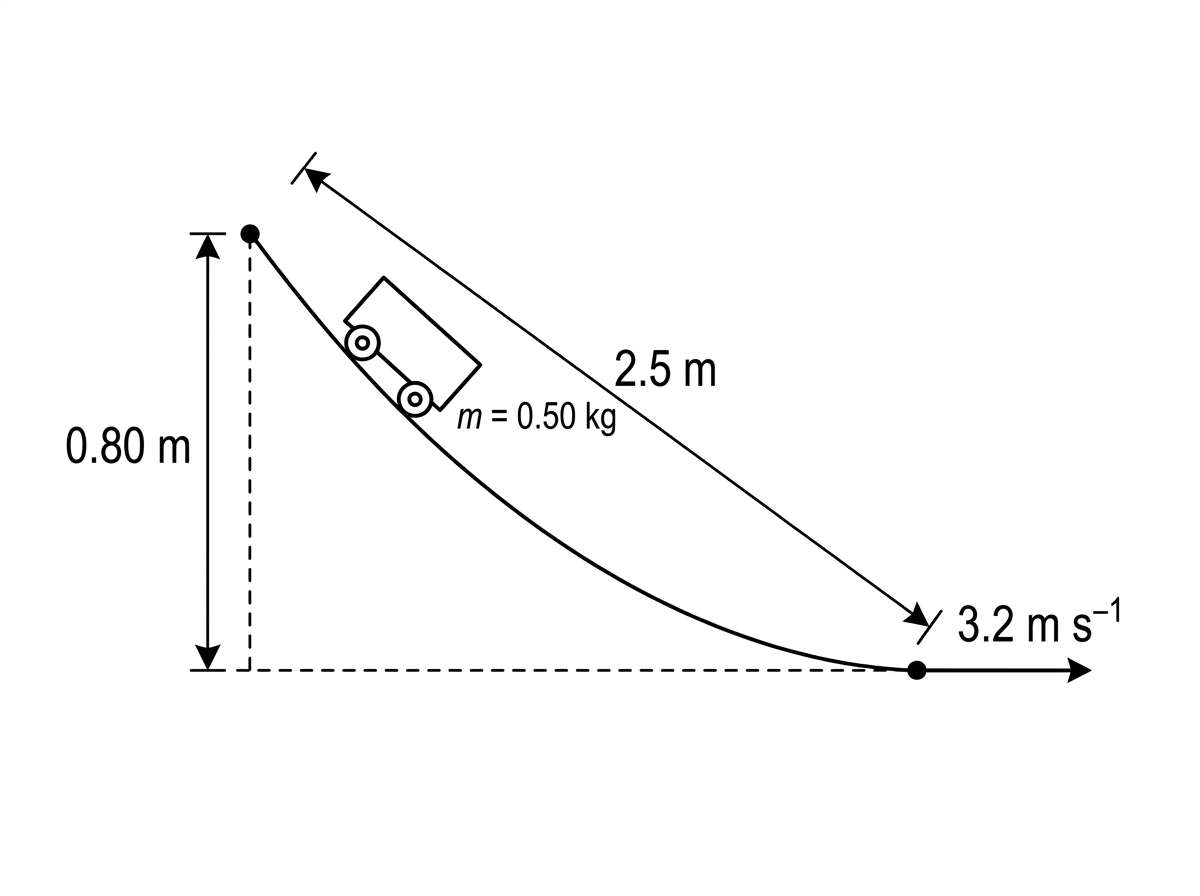 A cart moves down a curved track from an upper point to a lower point. The vertical height difference and the path length along the track are indicated. A velocity arrow is shown at the lower point. No forces are labelled.