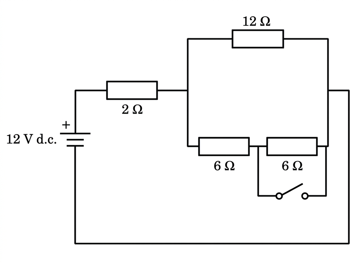 An annotated circuit diagram showing a dc supply connected to a resistor network with one resistor in series with two branches. One branch contains a single resistor. The other branch contains two resistors in series and a switch that can bypass one of them when closed. Resistor values and the supply potential difference are labelled.