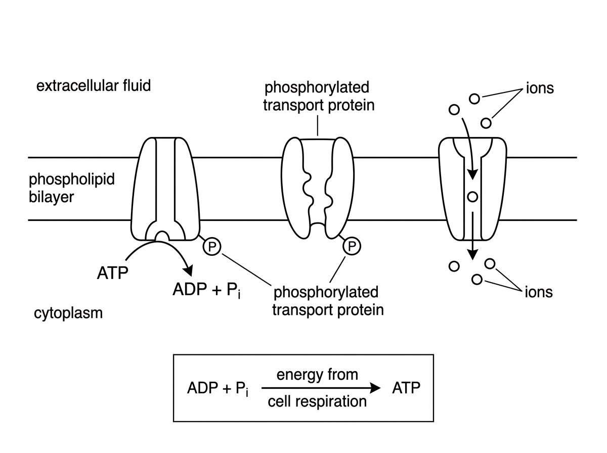 An annotated stimulus showing ATP binding to a membrane pump on the cytoplasmic side, conversion to ADP and inorganic phosphate, a phosphorylated pump intermediate, a conformational change, and transport of ions across a membrane. A second arrow shows ADP and phosphate being joined to form ATP during cell respiration.