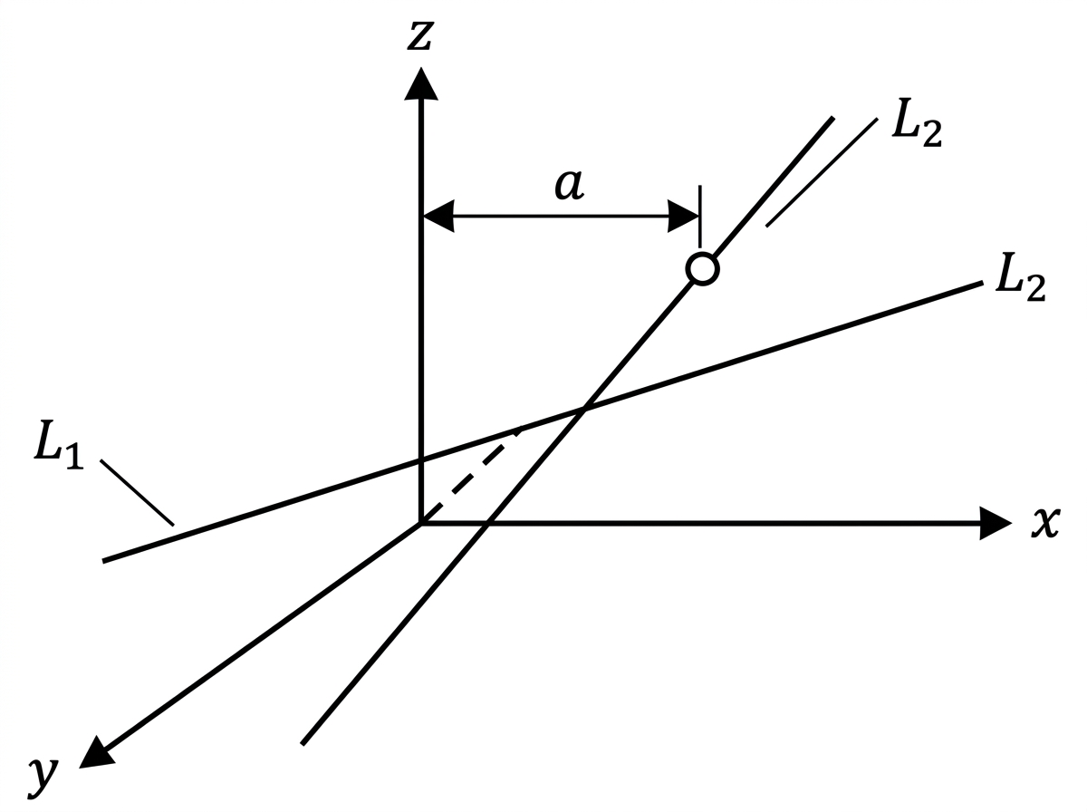 A three-dimensional sketch showing exactly two non-parallel lines, labelled $L_1$ and $L_2$, in a representative skew configuration. Draw only one line $L_2$; do not show duplicate or alternative positions of $L_2$, and do not suggest a third line.