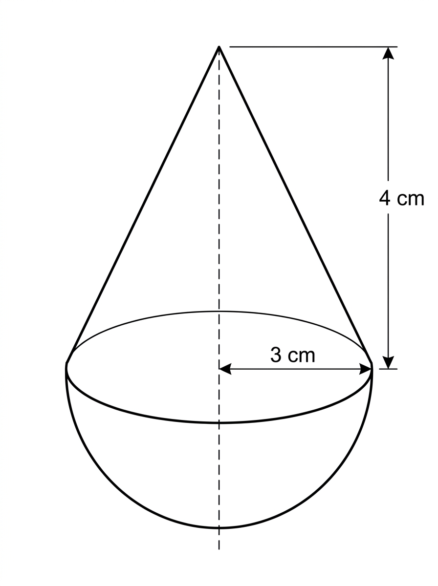 A labelled diagram of a composite solid made from a right circular cone placed on top of a hemisphere, sharing the same circular boundary. The cone has radius labelled $3\text{ cm}$ at the common circular join and vertical height labelled $4\text{ cm}$. The hemisphere is attached below the cone. The common circular face is shown as an internal join, not an outside surface.