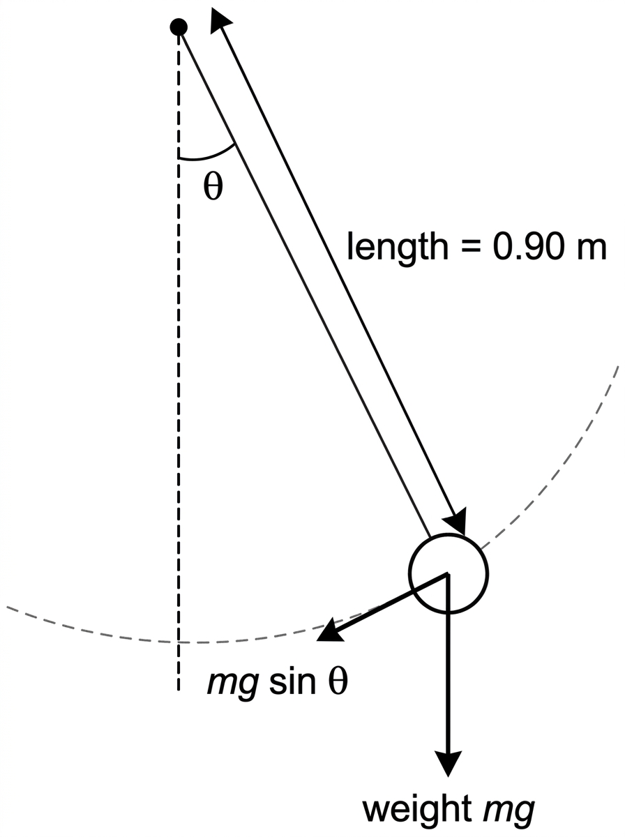 A simple pendulum diagram showing length measured from pivot to centre of bob, angular displacement from the vertical, and the tangential restoring component of weight.