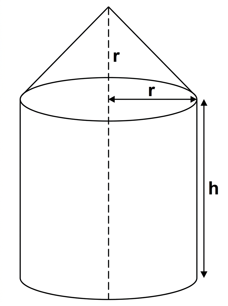 A cylindrical silo with a conical roof, showing common radius r, cylindrical height h and conical height r.