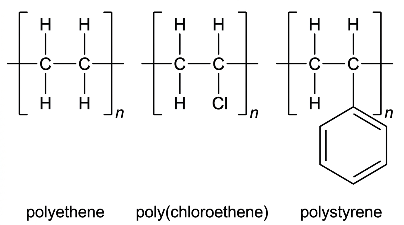 Three labelled polymer repeating units displayed side by side: polyethene with a simple hydrocarbon backbone, poly(chloroethene) with a chlorine substituent on alternate backbone carbons, and polystyrene with a phenyl substituent. Continuation bonds and brackets are shown, but no property annotations are included.
