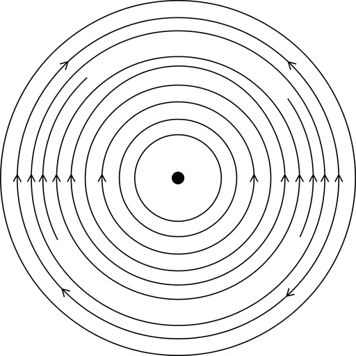 A central circular planet with several concentric circular equipotential surfaces. Curved field lines lie along the circular equipotential paths, with arrowheads tangential around the planet rather than crossing the circles.