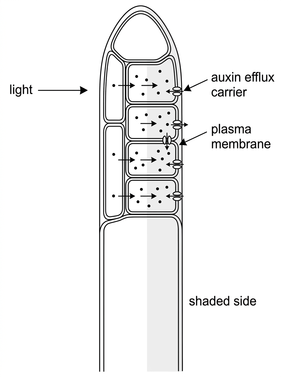 A diagram of a shoot tip with light coming from one side. Cells in the shoot tip should show auxin efflux carriers positioned asymmetrically in plasma membranes, with arrows indicating auxin movement toward the shaded side. The diagram should not label which side elongates faster.