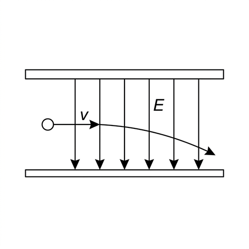 A small option diagram showing two parallel horizontal plates, a positive ion entering from the left midway between them with a horizontal velocity arrow, and a smooth parabolic track curving downward as it travels to the right. The electric field direction is indicated by several downward arrows between the plates.