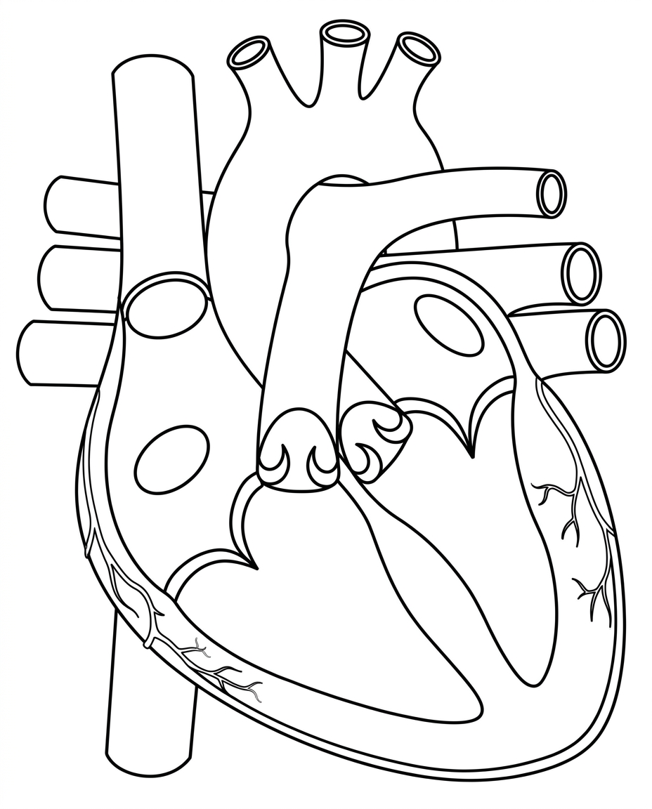 A frontal-plane diagram of a mammalian heart with four chambers, septum, vena cava, pulmonary artery, pulmonary veins, aorta, atrioventricular valves, semilunar valves and coronary vessels visible but unlabelled. The left ventricle wall should be visibly thicker than the right ventricle wall. It should not include arrows naming the full blood-flow pathway.