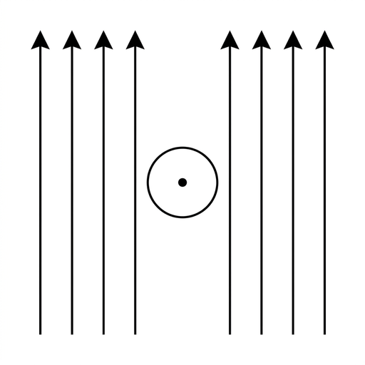 A black-and-white diagram showing a central wire as a circle with a dot symbol indicating current out of the page. Around it are several straight vertical, parallel magnetic field lines with arrowheads all pointing upward. Styling is simple and comparable to the other options.