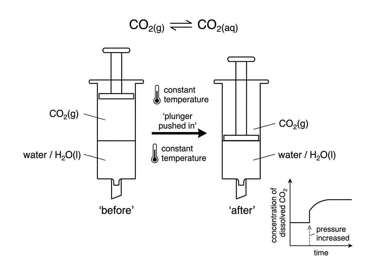 An annotated stimulus showing a sealed gas syringe containing carbon dioxide gas above water. The plunger is shown before and after being pushed in, with constant temperature indicated. A small inset graph shows dissolved carbon dioxide concentration increasing after the pressure increase and then becoming constant at a new equilibrium.