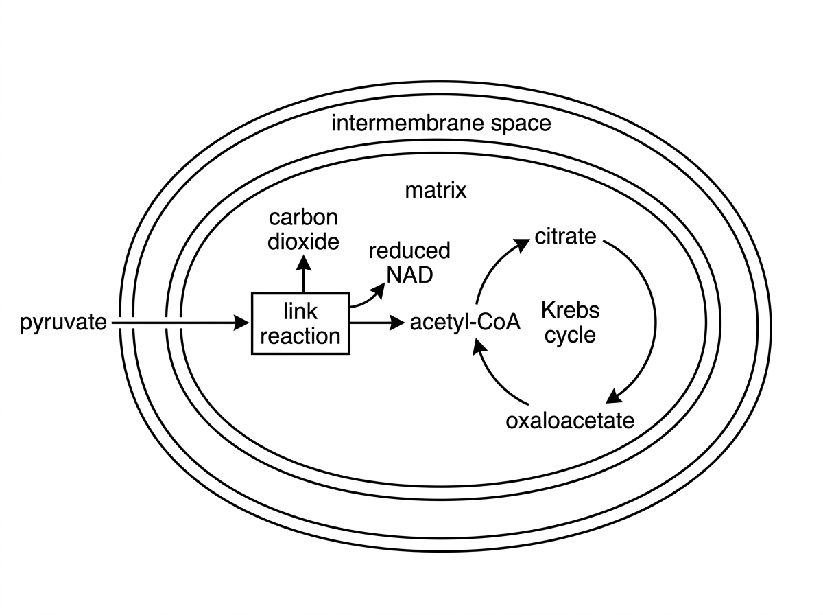 A simplified mitochondrial diagram showing pyruvate entering the mitochondrial matrix, a link reaction box, acetyl-CoA entering a circular Krebs cycle, and arrows for carbon dioxide release and reduced NAD formation. Include citrate and oxaloacetate as generic labelled cycle intermediates but do not annotate the detailed chemical changes.