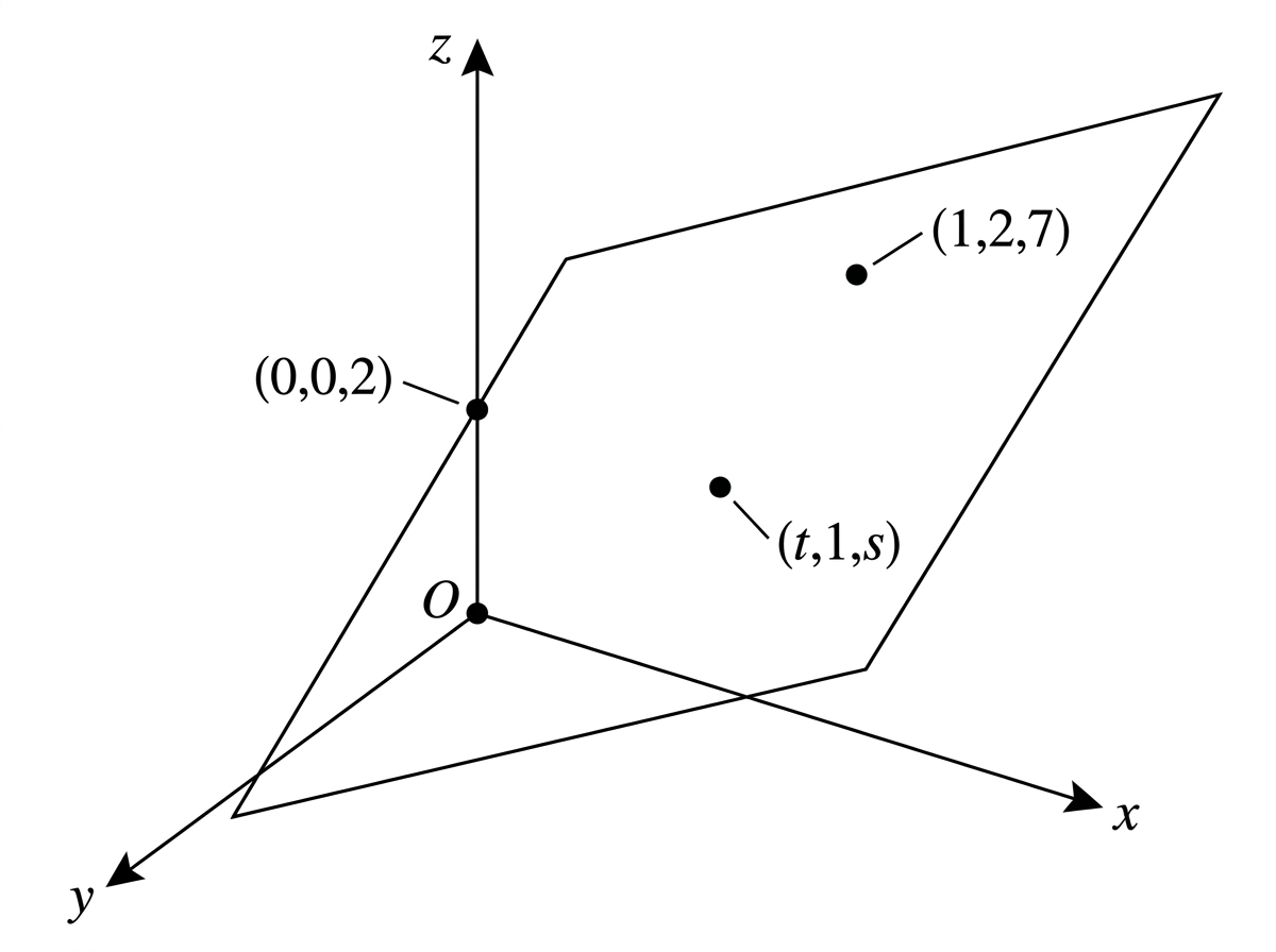 A neutral schematic listing the three points $(0,0,2)$, $(1,2,7)$ and $(t,1,s)$ alongside the plane equation, with no plotted coordinate positions, triangle, or indication of collinearity.