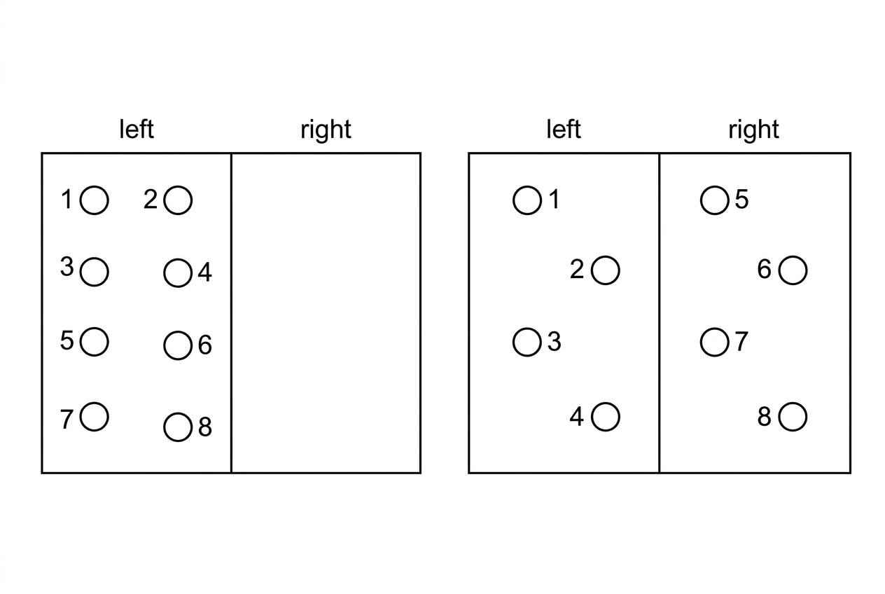 A box divided into two equal halves labelled left and right. Eight small labelled particles are shown schematically, with the figure emphasizing that each particle could be in either half.