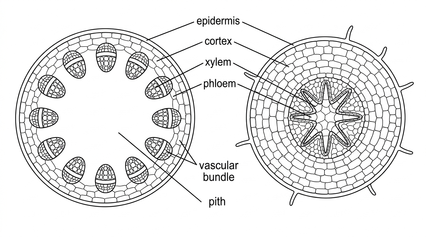 Two annotated plan-style micrograph drawings placed side by side. One section has vascular bundles arranged in a ring near the outer region, with epidermis, cortex and central pith visible. In each bundle, xylem is closer to the centre and phloem closer to the outside. The other section has a central star-shaped xylem region with phloem between the arms, a broad cortex and an outer epidermis with root hair-like projections. Labels point to epidermis, cortex, xylem, phloem, vascular bundle and pith where present.