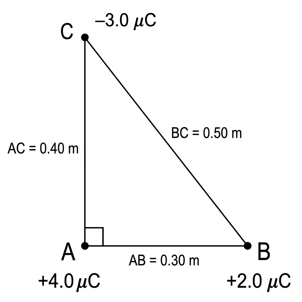 A right-angled triangle diagram. Vertex A is labelled $+4.0\ \mu\text{C}$, vertex B is labelled $+2.0\ \mu\text{C}$ and vertex C is labelled $-3.0\ \mu\text{C}$. The side lengths $AB=0.30\ \text{m}$, $AC=0.40\ \text{m}$ and $BC=0.50\ \text{m}$ are shown. No force arrows or energy values are shown.