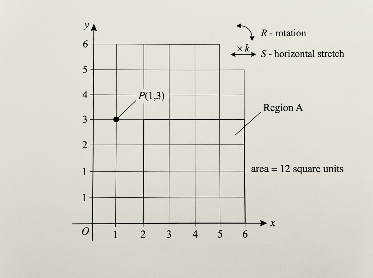 A coordinate-plane design showing Region A and point P(1,3), with the origin and x-axis aligned to the y=0 gridline forming the bottom edge of Region A. Tick labels must be aligned to this axis. The design indicates that a rotation and a horizontal stretch will be applied, without showing the final images.