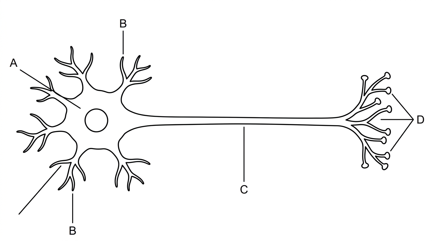 A simple labelled outline of a neuron with cell body, branched projections near the cell body, and a long projection ending in terminals; labels are letters only and do not name the parts.