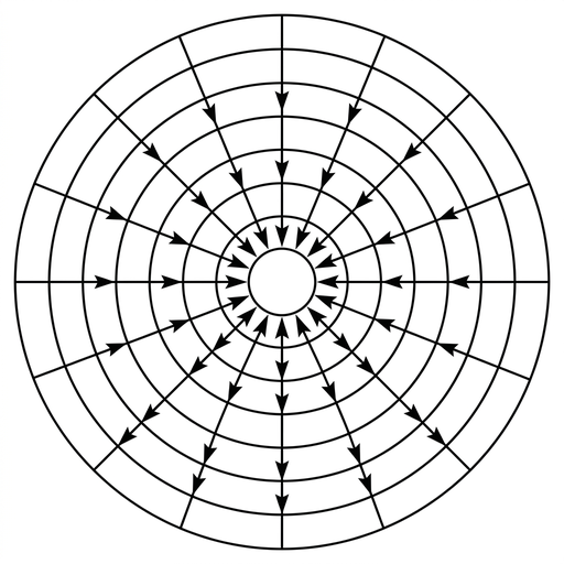 A central circular planet with several concentric circular equipotential surfaces around it. Straight radial gravitational field lines cross the concentric circles at right angles and have arrowheads pointing inward toward the planet. The drawing is clean and symmetric.