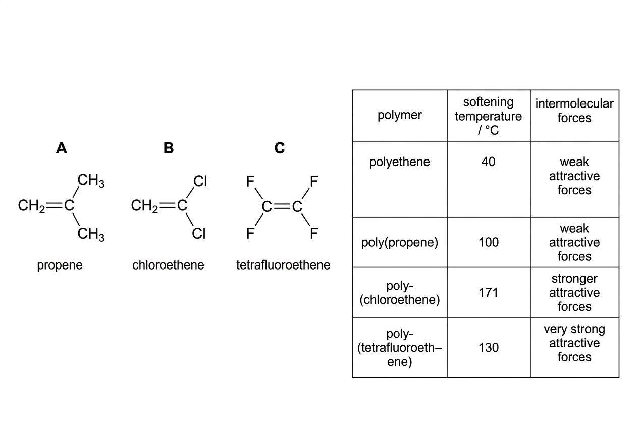 An annotated stimulus showing three alkene monomers labelled A, B and C, with A as propene ($CH_2=CHCH_3$), B as chloroethene ($CH_2=CHCl$), and C as tetrafluoroethene ($CF_2=CF_2$), together with a small accompanying table of polymer softening temperature and qualitative intermolecular force information. The carbon-carbon double bond and substituent groups should be clearly visible.