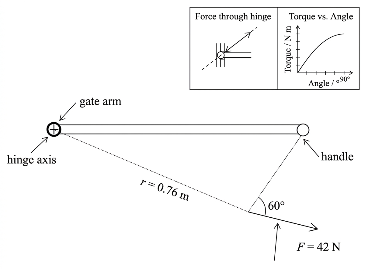 Annotated top-view diagram of a hinged gate showing the hinge axis, radius line to the handle, applied force, angle between force and radius, and a small table or graph summarizing how the measured torque varies with angle for a fixed force and handle distance.