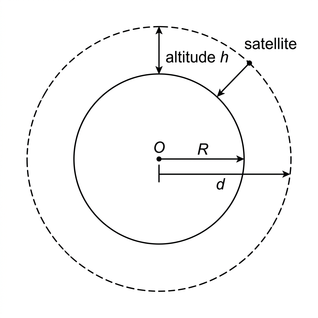 A spherical star surrounded by concentric spherical surfaces, with star radius R, radial distance d and satellite altitude indicated.