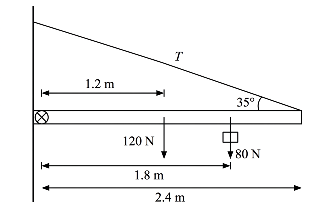 Free-body diagram of a horizontal hinged beam with hinge at the wall, cable attached to the outer end at an angle above the beam, weight of the beam acting at its centre, lamp weight acting further from the hinge, and all relevant distances and force labels shown.