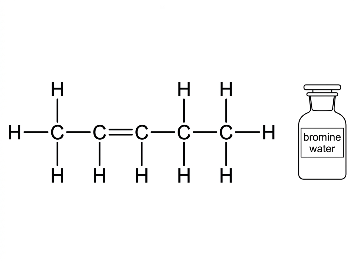 A simple displayed structural formula of pent-2-ene showing a five-carbon chain with a carbon-carbon double bond between carbon 2 and carbon 3. A labelled bottle or reagent text indicates bromine water, with no product shown.