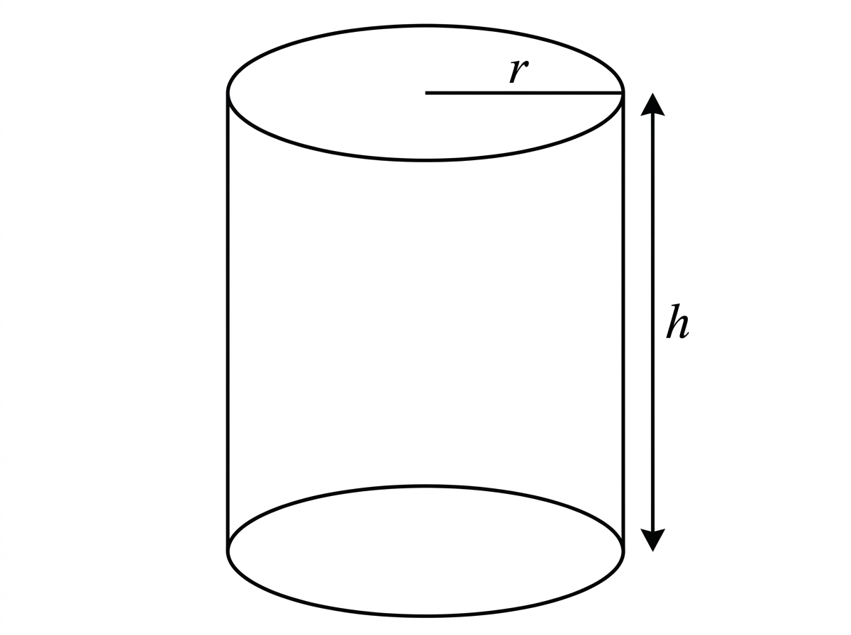 A closed right circular cylinder with radius $r$ marked on a circular face and perpendicular height $h$ marked along the side.