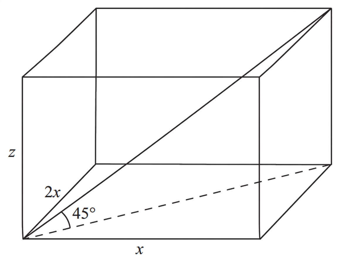 A rectangular cuboid showing base dimensions x and 2x, height z, a space diagonal laser beam and its projection onto the base.
