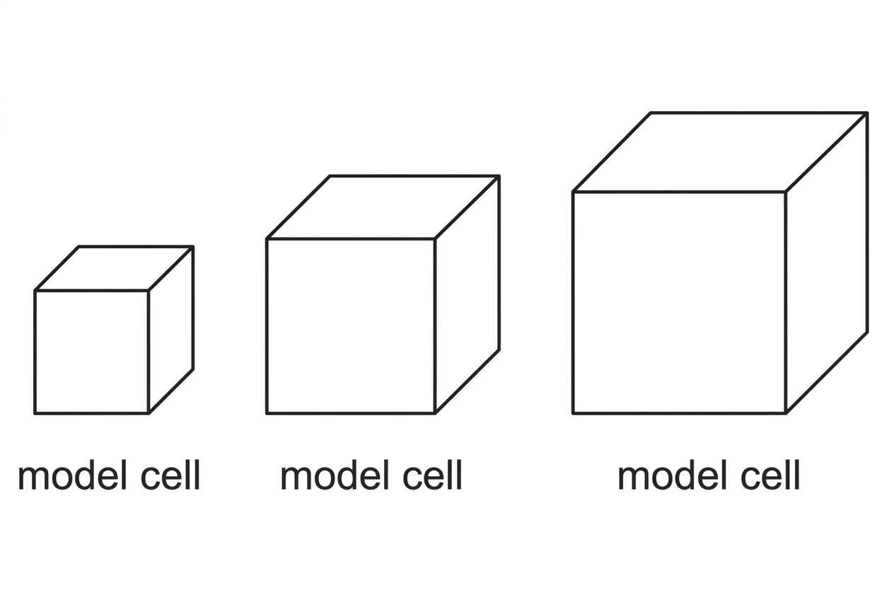 Three simple cubes of increasing side length drawn to the same scale and labelled only as model cells; no numerical values are shown.