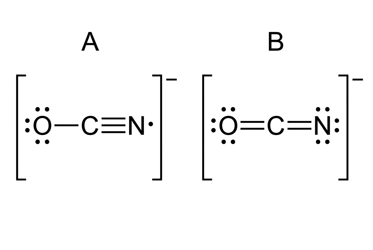 Two labelled Lewis formulas for the cyanate ion with the same atom order O-C-N. Formula A shows a single O-C bond and a triple C-N bond with all lone pairs shown. Formula B shows an O=C=N arrangement with all lone pairs shown. The overall ion charge is shown outside brackets for each formula, but preferred structure and formal charge values are not shown.