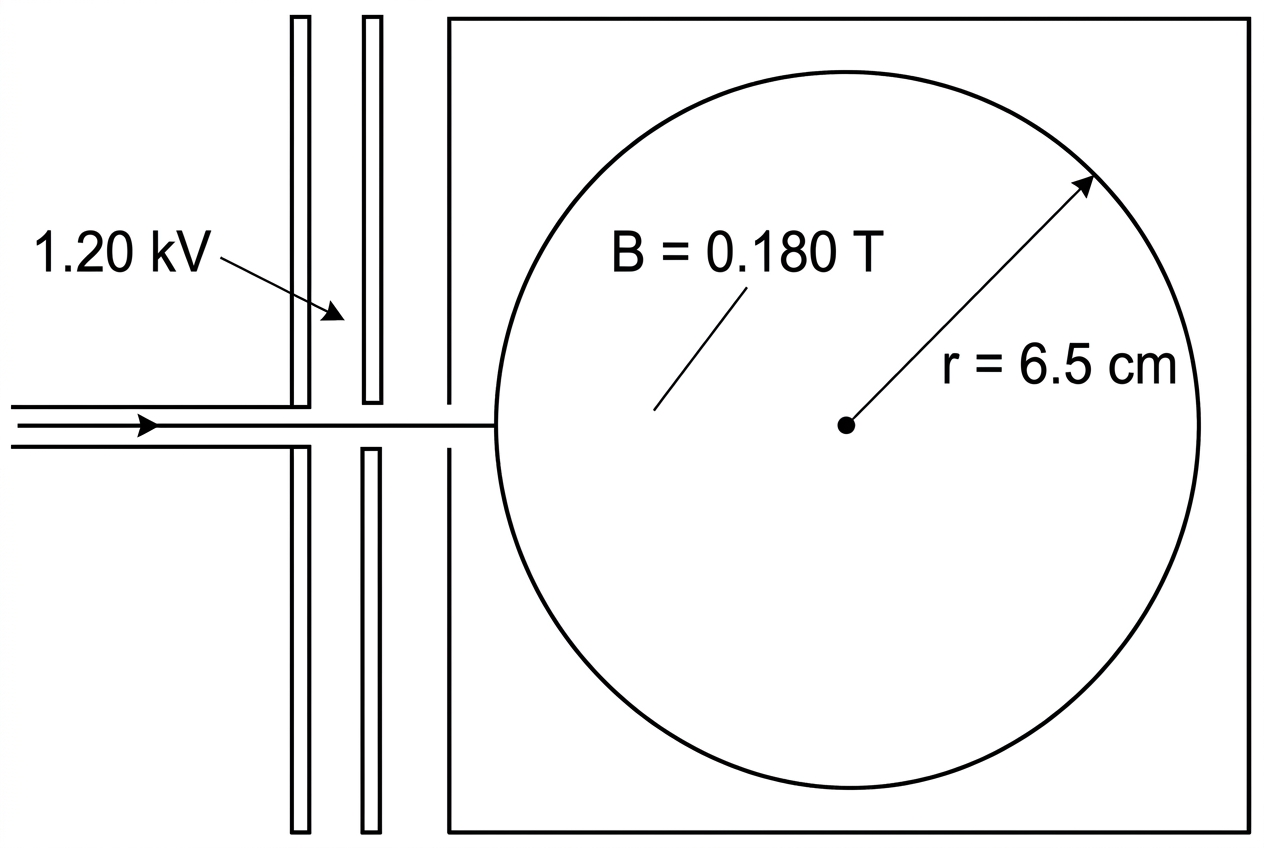 Schematic of ions accelerated through two plates and then entering a region of uniform magnetic field at right angles. The magnetic region shows a curved circular arc of unknown radius with the radius labelled, but the sign of charge is not indicated by the path labels.