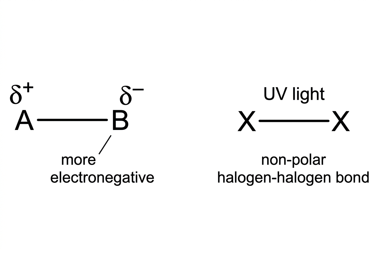 Two generic covalent bonds shown side by side: A-B and X-X. The first should be labelled as a polar bond with B more electronegative than A; the second should be labelled as a non-polar halogen-halogen bond under UV light. No products or electron-movement arrows should be shown.