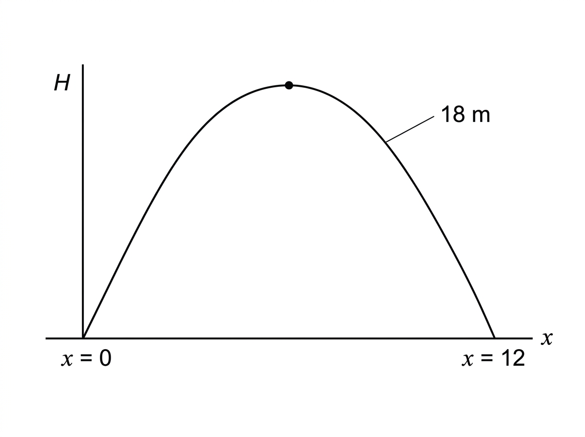 A simple diagram of a symmetric parabolic arch above a horizontal floor. The left and right floor contact points are labelled $x=0$ and $x=12$, and the highest point at the vertex is labelled $18\ \text{m}$ with a leader line terminating at the vertex. The horizontal distance is measured from the left end along the floor. The horizontal axis is labelled $x\,[\text{m}]$ and the vertical axis is labelled $H\,[\text{m}]$.