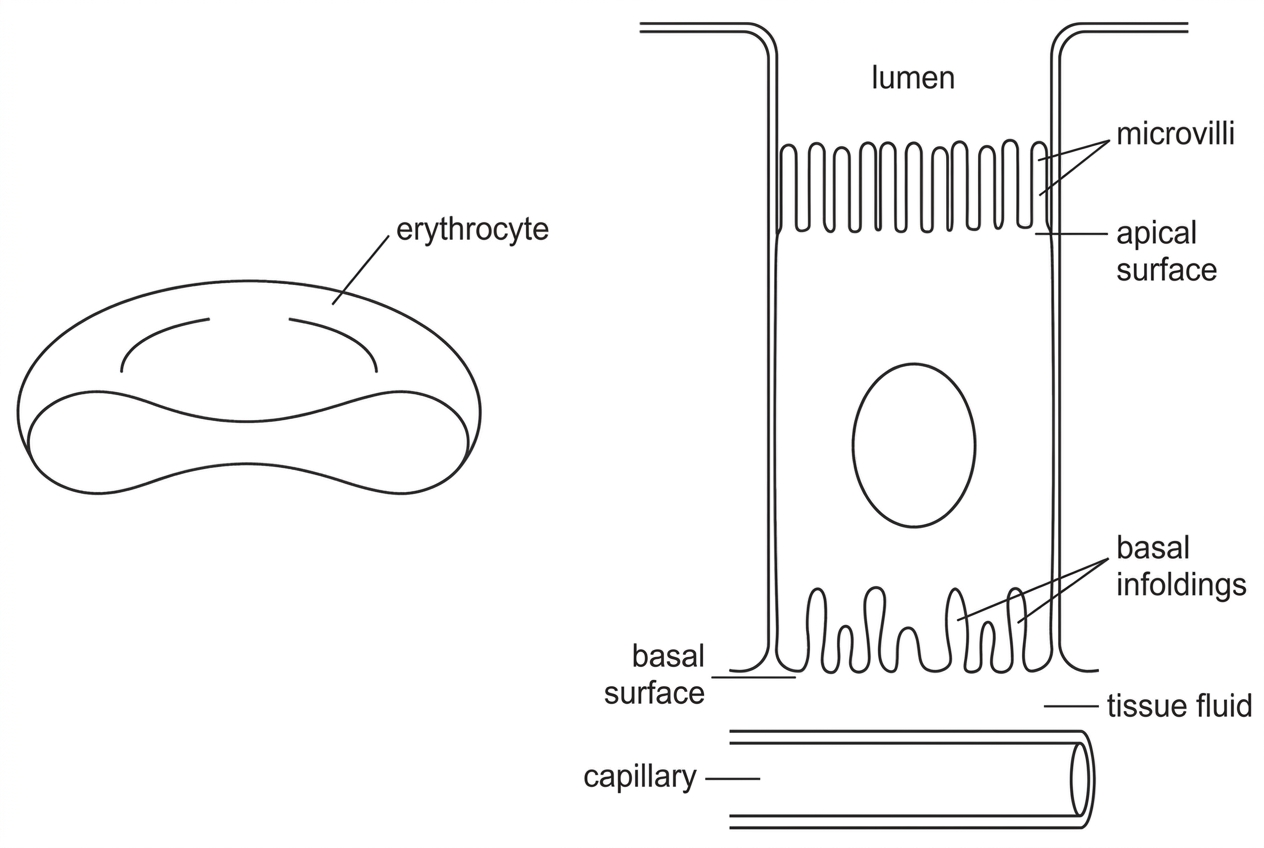 Two adjacent diagrams: a human erythrocyte shown as a biconcave disc, and a proximal convoluted tubule epithelial cell with an apical surface bearing microvilli facing the tubule lumen and a basal surface with membrane infoldings facing tissue fluid and capillaries. Labels should identify apical surface, basal surface, microvilli and basal infoldings.