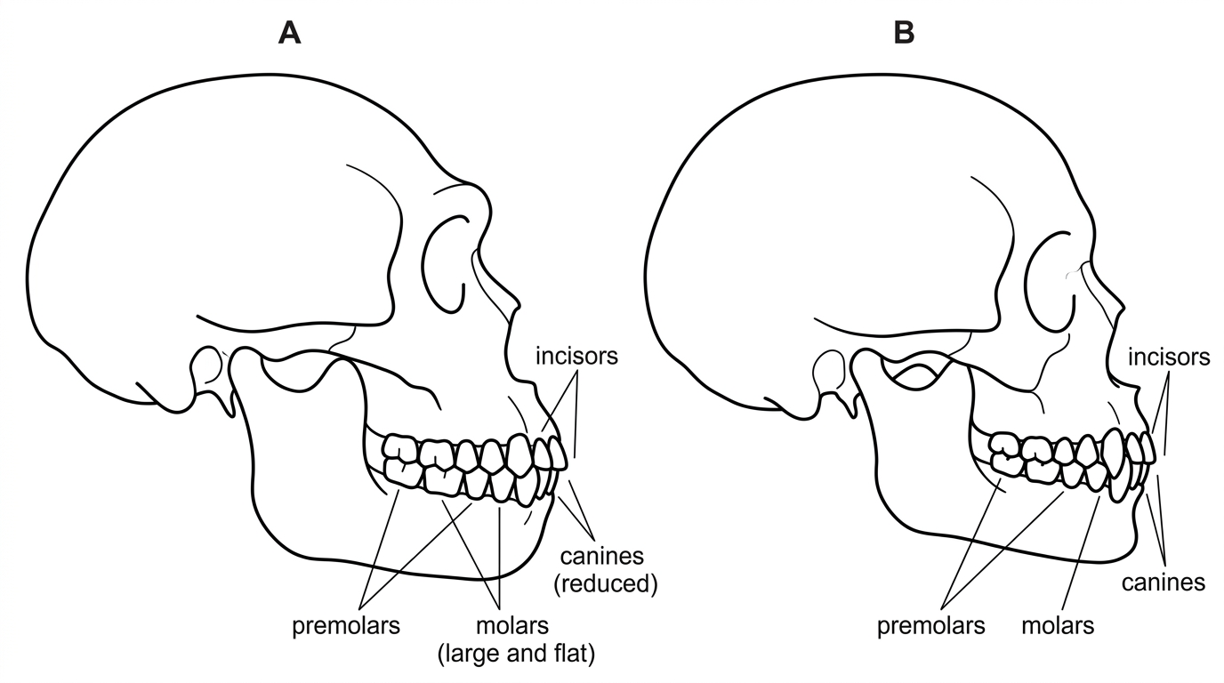 Side-by-side labelled drawings of two hominid skulls or jaws. One has broad flat molars, heavy jaw and reduced canines; the other has mixed dentition with incisors, more prominent canines and molars. Labels identify molars, premolars, canines and incisors.