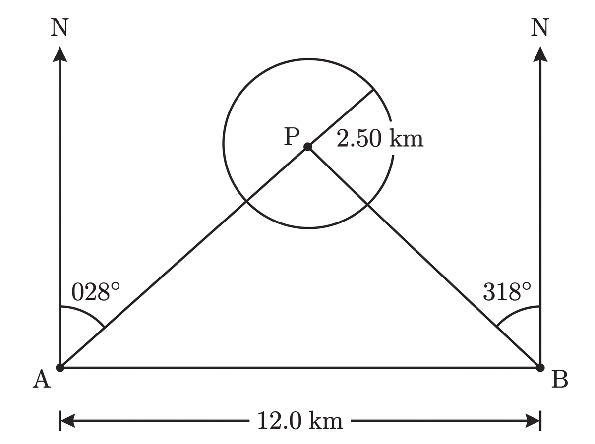 A triangulation and bearings diagram with A west of B, parallel north lines, the transmitter P north of the baseline, and a small circular restricted zone centred at P.