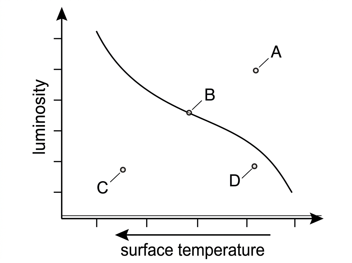 A Hertzsprung-Russell diagram with luminosity on the vertical axis and surface temperature on the horizontal axis increasing to the left. Show a diagonal main sequence from upper left to lower right and four labelled points: one in the upper right giant region, one near the middle of the main sequence, one in the lower right cool dim region, and one in the lower left hot dim region.