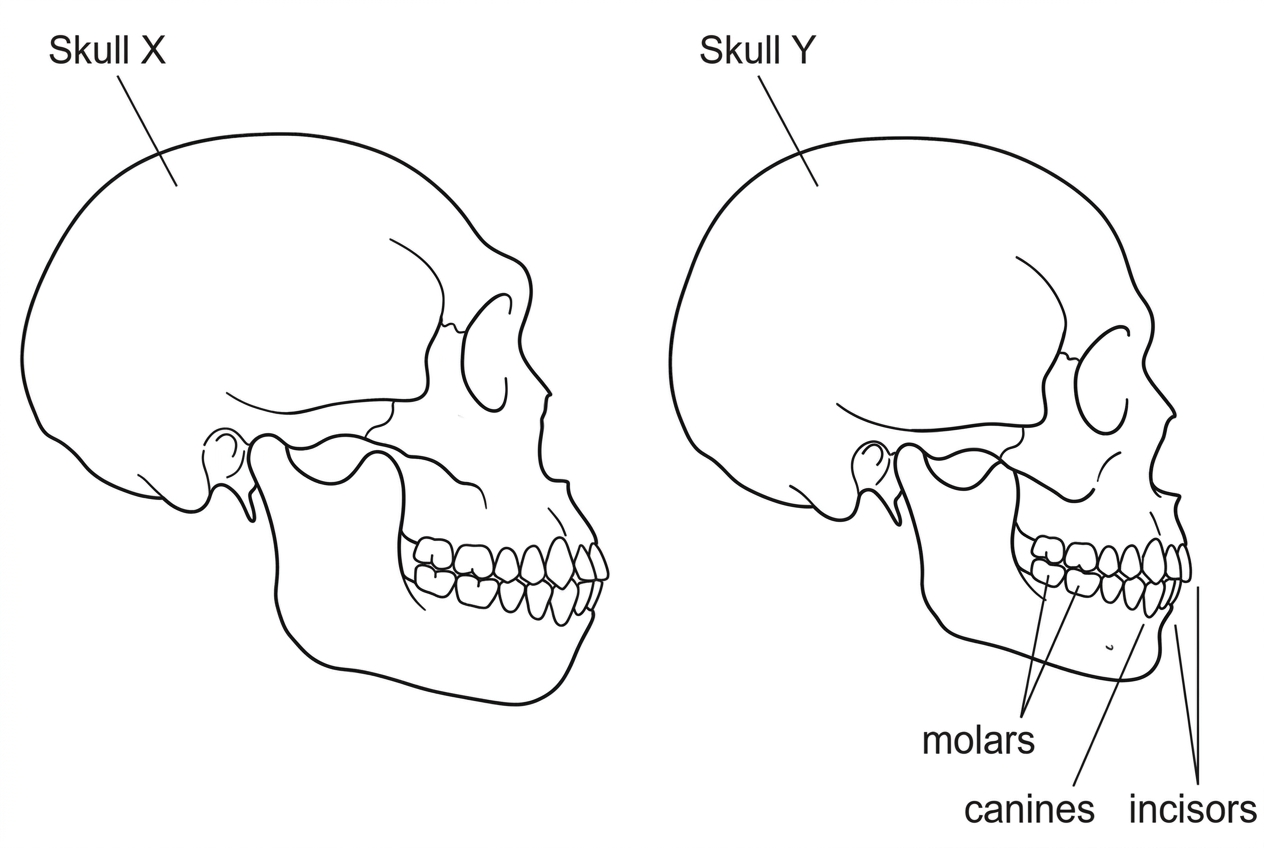 Two simplified hominid skull and lower-jaw diagrams shown side by side. Skull X should show a robust jaw and large broad molars with flat grinding surfaces. Skull Y should show a less robust jaw, smaller molars, visible incisors and moderate canines. Labels identify skull X, skull Y, incisors, canines and molars, but no diet labels are included.