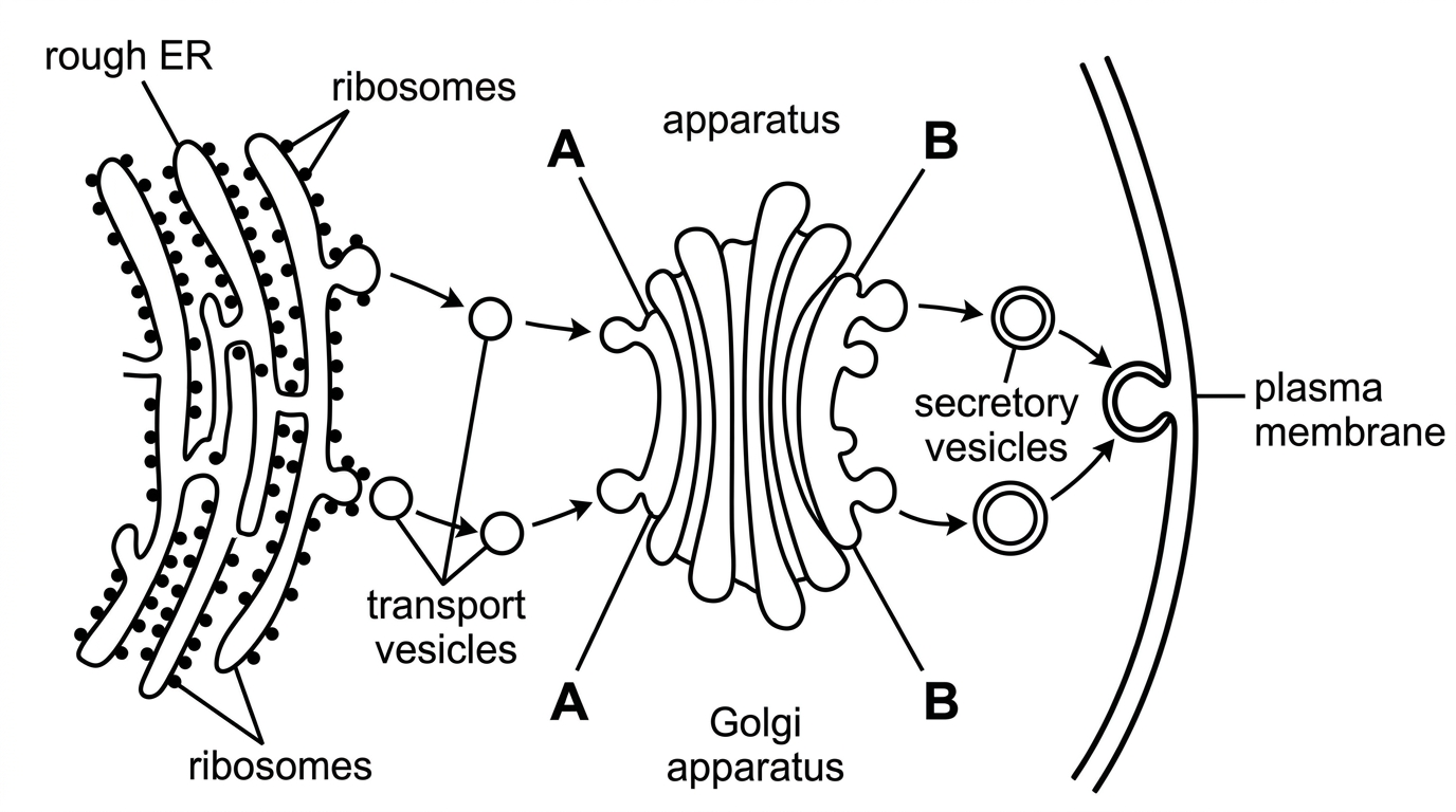 A simplified endomembrane pathway showing rough endoplasmic reticulum with attached ribosomes, transport vesicles moving to a stacked Golgi apparatus with a receiving cis face and shipping trans face, and secretory vesicles moving to and fusing with the plasma membrane. Use arrows for direction of movement but do not describe processing steps in words.