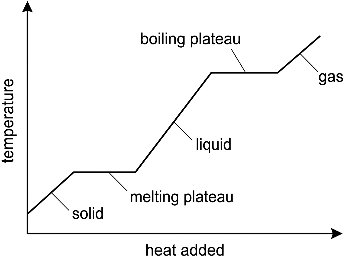 A heating curve with temperature on the vertical axis and heat added on the horizontal axis. Label solid, melting plateau, liquid, boiling plateau and gas regions.