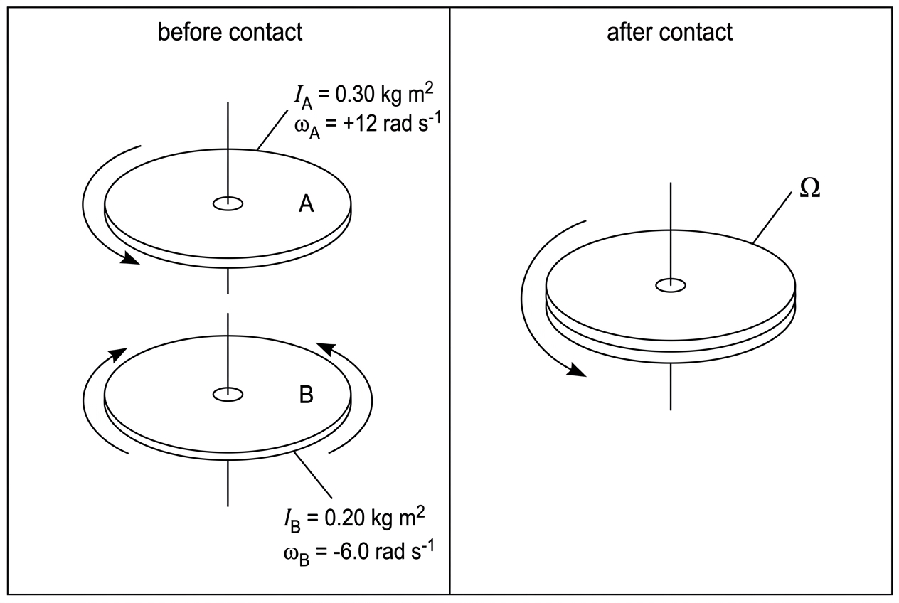 A pair of coaxial circular turntables shown before contact and after contact. Before contact, turntable A and turntable B are drawn on the same vertical axis but separated, with arrows showing opposite senses of rotation and labels $I_A = 0.30\ \text{kg m}^{2}$, $\omega_A = +12\ \text{rad s}^{-1}$, $I_B = 0.20\ \text{kg m}^{2}$, and $\omega_B = -6.0\ \text{rad s}^{-1}$. After contact, the two are shown clamped together with a single angular velocity label $\Omega$. No numerical calculation is shown.