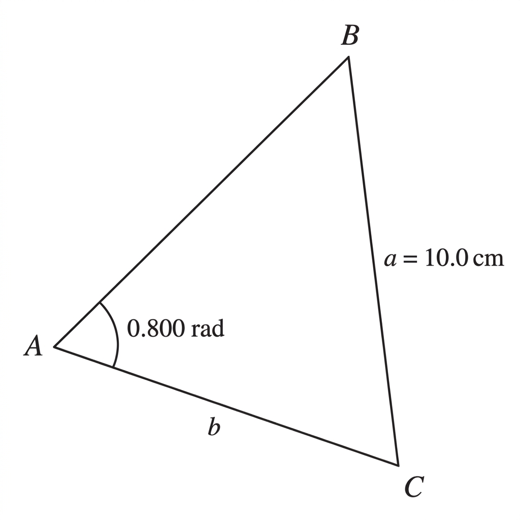 An ambiguous-case construction showing a fixed angle and opposite side, with a variable second side capable of producing zero, one or two triangles.