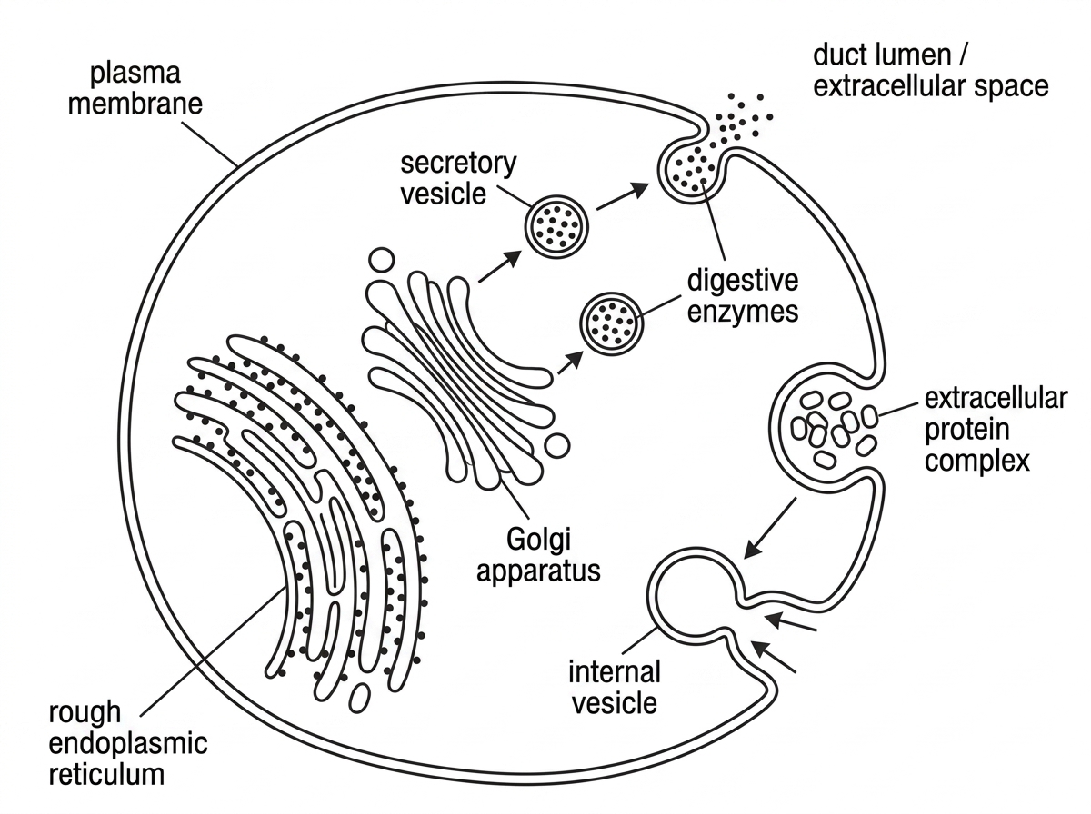A cell diagram showing rough endoplasmic reticulum, Golgi apparatus, secretory vesicles moving toward the plasma membrane, and release of enzyme contents to the extracellular side. A separate region of the plasma membrane shows inward folding around a large extracellular protein complex to form an internal vesicle. Arrows indicate vesicle movement and membrane fusion or budding without naming the processes.