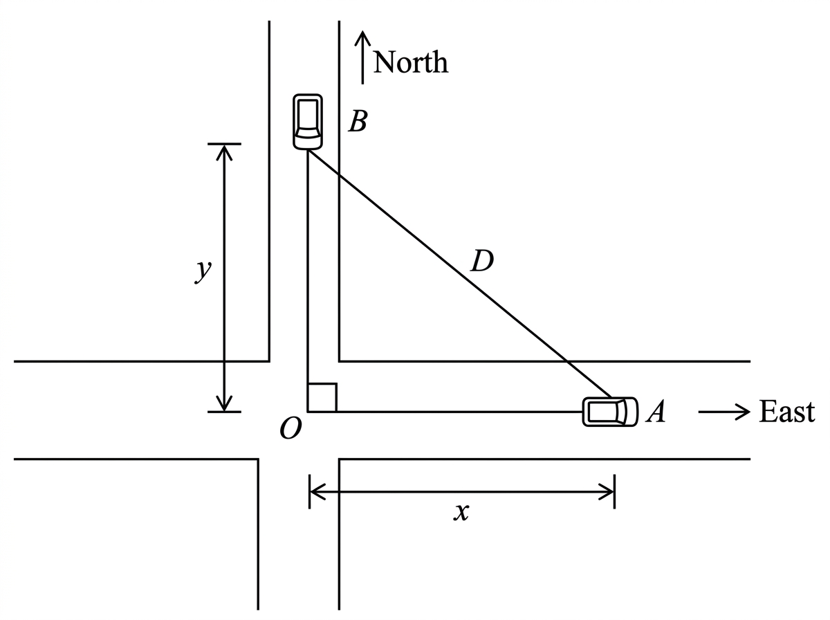 A right-angle road diagram with junction $O$, vehicle $A$ on the horizontal road at distance $x$ east of $O$, vehicle $B$ on the vertical road at distance $y$ north of $O$, and the straight-line distance $D$ between the vehicles marked.