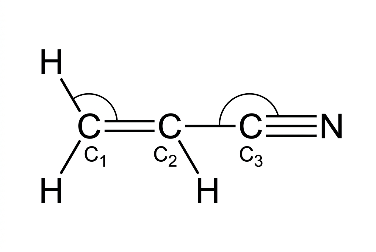 A displayed structural formula of acrylonitrile, $CH_2=CH-C\equiv N$, with the terminal alkene carbon labelled $C_1$, the central alkene carbon labelled $C_2$, and the nitrile carbon labelled $C_3$. The diagram includes approximate bond angles around $C_1$ and $C_3$ and indicates the $C=C$ and $C\equiv N$ multiple bonds, but it does not name hybridizations or orbital types.